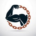 Athletic arm composed with iron chain, symbol of strength, lifter graphic vector illustration. Power lifting.