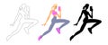 Athletic blonde woman jumping and taking a selfie. Girl blogger jogging leads an online broadcast. In color, silhouette