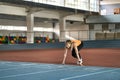 Athletic blonde woman training at indoor stadium Royalty Free Stock Photo