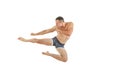 Athletic boxer fighter kicking jumping in the air