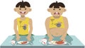 Athletic boy and fat man are eating. The fat boy eats a lot, and the athletic boy eats in moderation. Cartoon.