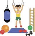 Athletic boy in the gym trains on gymnastic rings. The boy is happy.