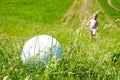 Athletic child. Happy little kid playing soccer ball in the park. Children are playing football. Family leisure. Royalty Free Stock Photo