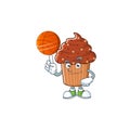 An athletic chocolate cupcake cartoon design style playing basketball