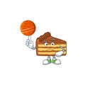 An athletic chocolate slice cake cartoon design style playing basketball