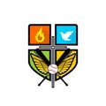 Athletic Christian logo. The cross of Jesus Christ, spread wings, flame, dove and baseball. Emblem for competition, ministry