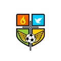 Athletic Christian logo. Cross of Jesus Christ, spread wings, flame, dove and soccer ball. Emblem for competition, ministry