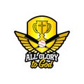 Athletic Christian logo. Gold shield and goblet, wings and baseball. Emblem for competition, ministry, conference, camp, seminar
