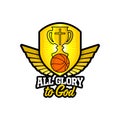 Athletic Christian logo. Gold shield and goblet, wings and basketball. Emblem for competition, ministry, conference, camp, seminar