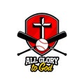 Athletic Christian logo. The golden shield, the cross of Jesus and the baseball with a bat. Emblem for competition, ministry