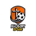 Athletic Christian logo. A golden shield, a cross of Jesus and a flying soccer ball. Emblem for competition, ministry, conference Royalty Free Stock Photo