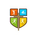 Athletic Christian logo. Various kinds of sports on a multi-colored shield. The cross of Jesus Christ