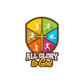 Athletic Christian logo. Various kinds of sports on a multi-colored shield. The cross of Jesus Christ. All glory to God