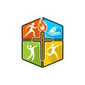 Athletic Christian logo. Various kinds of sports on a multi-colored shield. The cross of Jesus Christ, the flame of the Holy