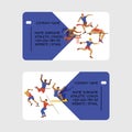 Athletic coach business card vector illustration. Exercising male in different poses. Man figures are training in sport