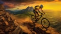 An athletic cyclist energetically riding on a rough mountain path during a breathtaking sunset.