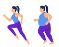 Athletic and fat woman. Full obese woman on jog turns into stylish fitness lady.