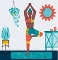 Athletic female character exercising at home cartoon vector illustration.