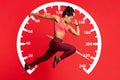 Young female sprinter running on red background. Collage with speed recorder. Panorama