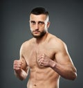 Athletic fighter posing on gray Royalty Free Stock Photo