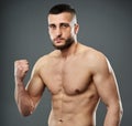 Athletic fighter posing on gray Royalty Free Stock Photo