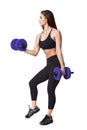 Athletic fitness woman helthy sport isolated white background black clothes with dumbbells Royalty Free Stock Photo