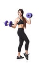 Athletic fitness woman helthy sport isolated white background black clothes with dumbbells Royalty Free Stock Photo