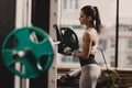 Athletic girl dressed in sportswear prepares the barbell to lift weight in the modern gym Royalty Free Stock Photo