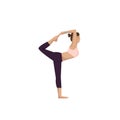 Athletic girl stands on one leg, grabbing the other leg with her hands for a yoga pose