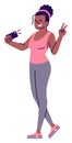 Athletic girl taking selfie semi flat RGB color vector illustration