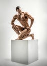 Athletic guy - bodybuilder, pose on gray background Royalty Free Stock Photo