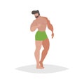 Athletic guys posing on the beach. Flat trendy design illustration of bearded man in green boxers. Vector drawing