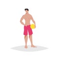 Athletic guys posing with yellow ball on the beach. Flat trendy design illustration of animation team dude. Vector drawing