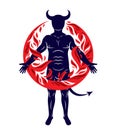 Athletic horned man surrounded by a fireball. Vector illustration of mystic infernal demon, evil Lucifer.