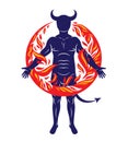 Athletic horned man surrounded by a fireball. Vector illustration of mystic infernal demon, evil Lucifer.