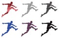 Athletic leaping human silhouettes displayed in multiple textured graphic styles. AI generated Royalty Free Stock Photo