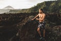 Athletic man checking running route on smart watch