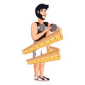 Athletic man with dumbbell and measuring tape