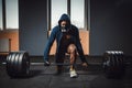 Athletic man in jacket with a hood waiting and preparing before lifting heavy barbell looking at camera. fitness, sport, training, Royalty Free Stock Photo