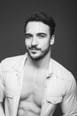 Athletic man with unbuttoned shirt, black and white Royalty Free Stock Photo