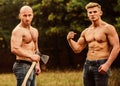 Athletic man use ax. Men with muscular torso. Wild masculinity. Brotherhood concept. Strength and perseverance. Strong Royalty Free Stock Photo