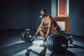 African american athletic man waiting and preparing before lifting heavy barbell. fitness, sport, training, gym concept. deadlift Royalty Free Stock Photo