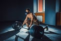 African american athletic man waiting and preparing before lifting heavy barbell. fitness, sport, training, gym concept. deadlift Royalty Free Stock Photo