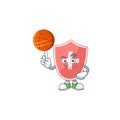 An athletic medical shield cartoon design style playing basketball