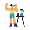 Athletic and muscular man drinks energy drink before gym workout, flat vector illustration isolated on white background.