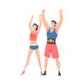 Athletic Muscular Man and Slim Woman in Sportswear Standing with Raising Hands Vector Illustration Royalty Free Stock Photo