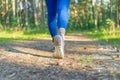 Athletic pair of legs running or jogging on a path during sunrise or sunset.Fitness Girl running at sunset in forest Royalty Free Stock Photo