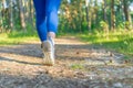 Athletic pair of legs running or jogging on a path during sunrise or sunset.healthy lifestyle concept.Back view,closeup Royalty Free Stock Photo
