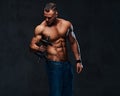 Athletic shirtless male biceps dumbbell workout. Royalty Free Stock Photo