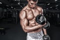 Athletic shirtless young sports man - fitness model holds the dumbbell in gym. Copy space fore your text. Royalty Free Stock Photo